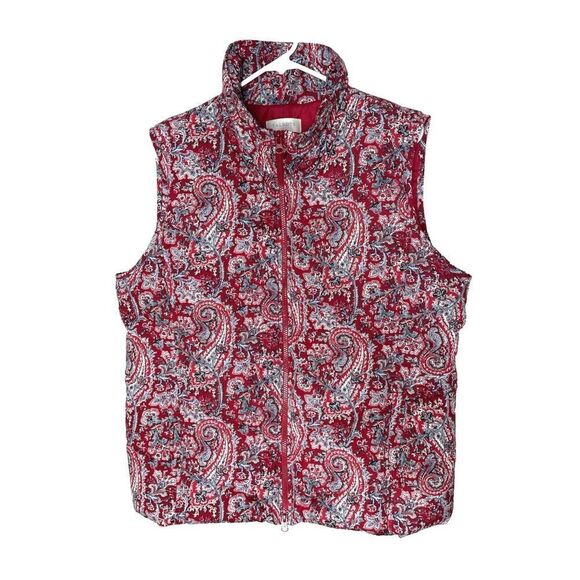 Talbots Size L Paisley Print Duck Down Sleeveless Puffer Vest Jacket Red Blue - Picture 1 of 9
